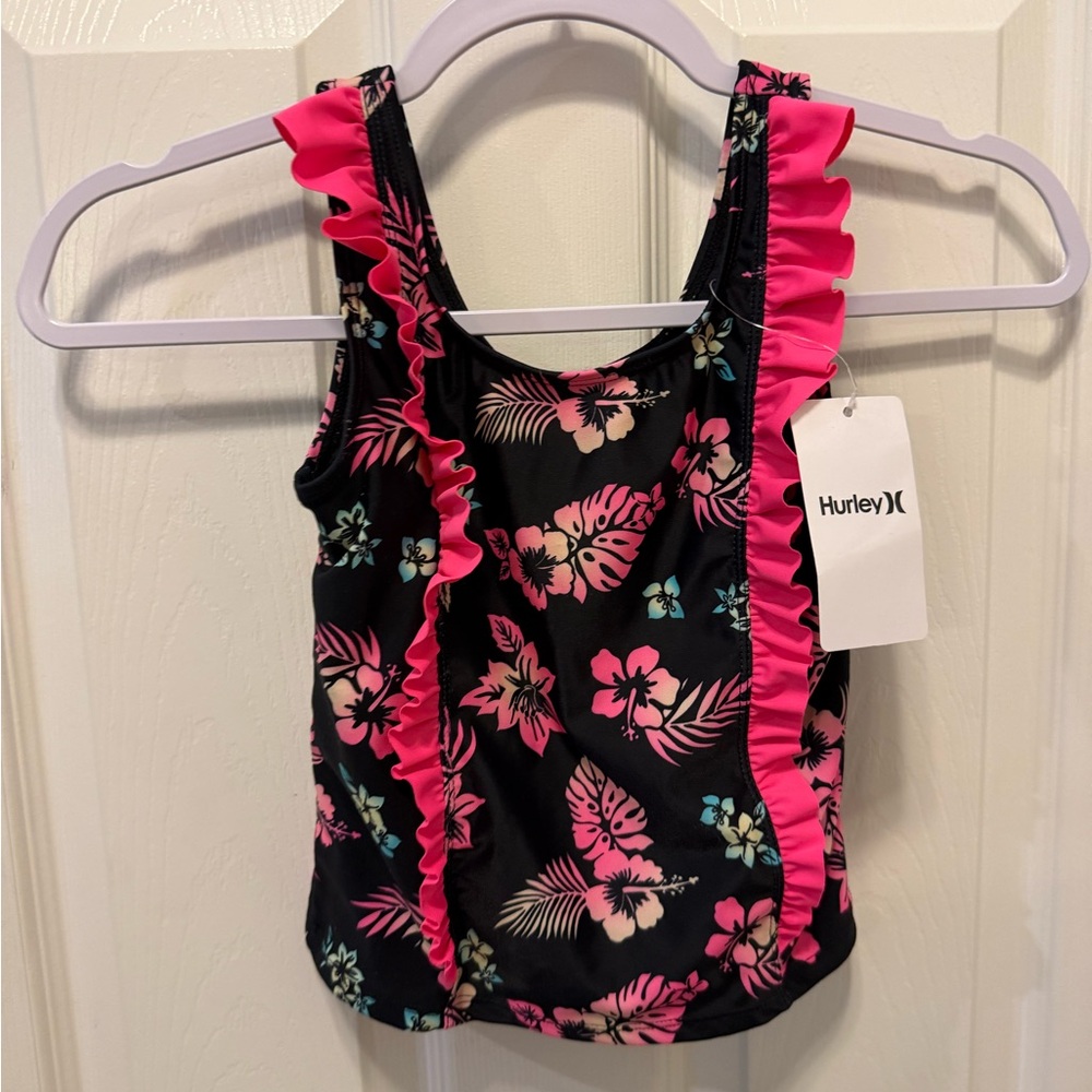 Hurley Kids' Tropical Floral Swim Top - Black and Pink
